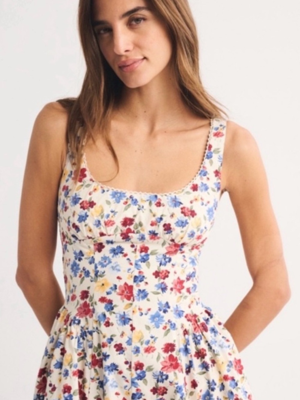 Abercrombie Cream Floral Midi Dress with Scoop Neck braless Dylan - Picture 3 of 4